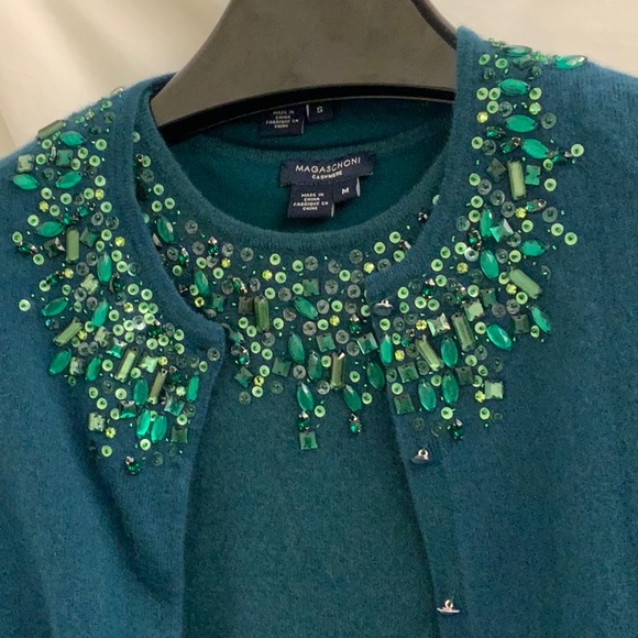 100% Cashmere Cardigan and Matching Tee with Jeweled Necklines in Pine Green S-M - Picture 2 of 16